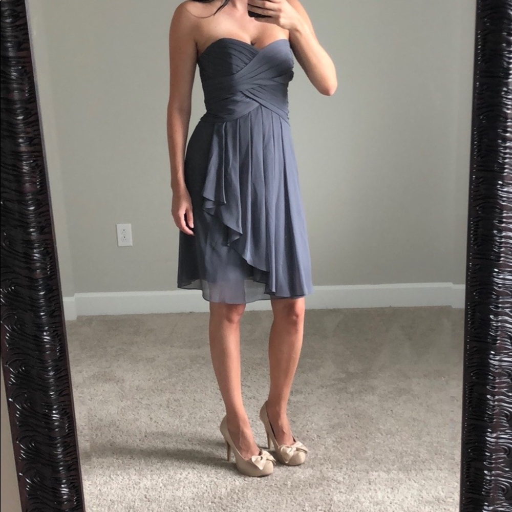 Grey David’s Bridal Strapless Bridesmaid Dress!